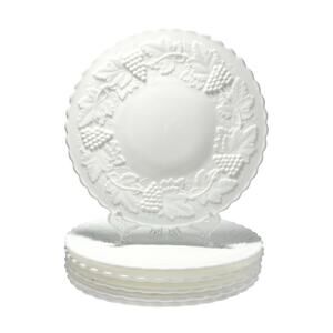 Imperial Glass “Grape” Set of 6 Satin Milk Glass Salad Plates 8 7/8” Marked